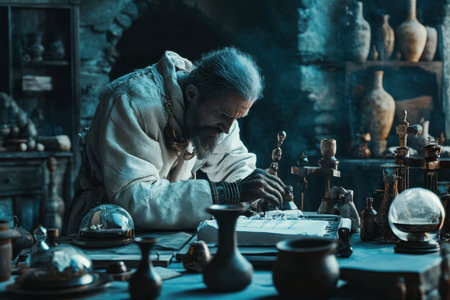 An elderly scholar carefully writes notes at a wooden table surrounded by glass vials and ancient artifacts.の素材