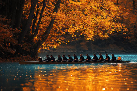 A rowing team navigates a tranquil lake reflecting golden autumn leaves in the evening light.の素材