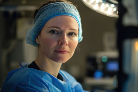 A dedicated healthcare worker prepares for surgery, emphasizing compassion and expertise in a medical facility.の素材