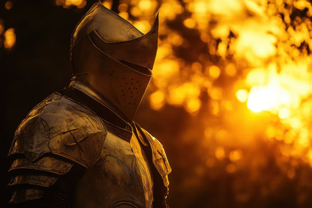 A medieval knight stands still as the golden sun sets behind, creating a striking silhouette against the horizon.の素材