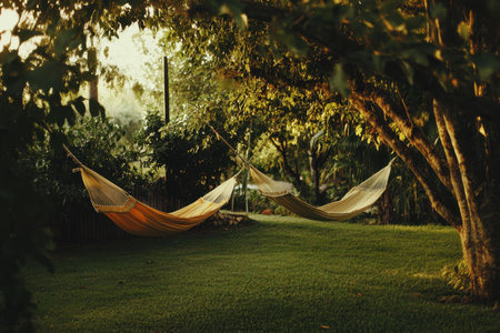 Two hammocks are gently swaying in a serene garden, surrounded by lush greenery during golden hour.の素材