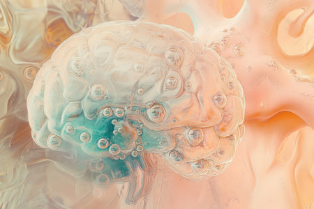 A brain is illustrated with bubbles surrounding it, set against a soft pastel-colored background.の素材