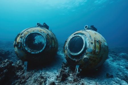 Submersibles rest on the ocean floor, exhibiting signs of age and marine growth under clear blue waters.の素材