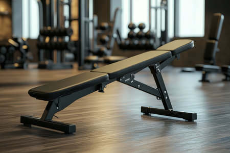 An adjustable workout bench sits in a well-lit gym, ready for fitness routines and strength training exercises.の素材