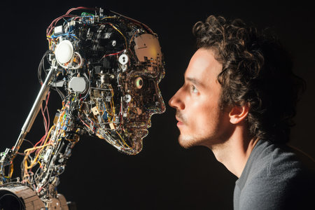 A man closely examines a robotic head, highlighting the intricate electronics and design details at night.の素材