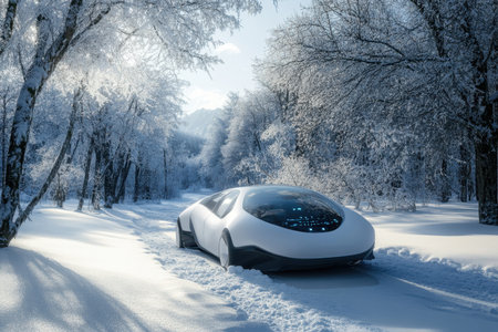 A sleek electric car moves gently along a snow-covered path in a tranquil, frosty forest, embracing winter's beauty.の素材