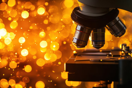 A microscope is focused on a sample, surrounded by a warm, glowing backdrop that enhances the atmosphere.の素材