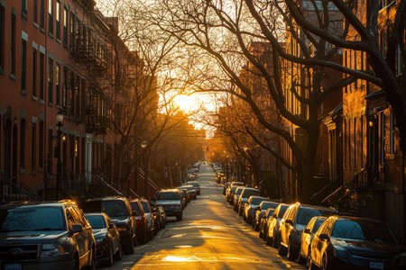 Golden sunlight casts a warm glow over an empty street lined with parked cars and bare trees at sunset.の素材