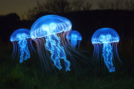 Bioluminescent jellyfish float gracefully in a dark landscape, creating a magical nighttime display.の素材