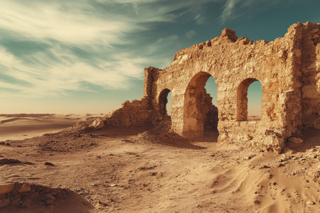 Weathered structures rise from sand, reflecting the history and mystery of an arid landscape at sunset.の素材