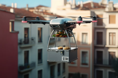 A drone carries a container of food while flying above city rooftops on a clear day.の素材