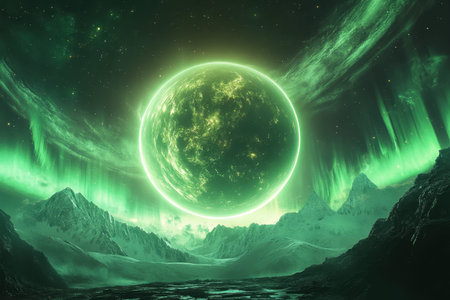 A stunning scene shows a glowing green planet against a night sky filled with auroras and mountains.の素材