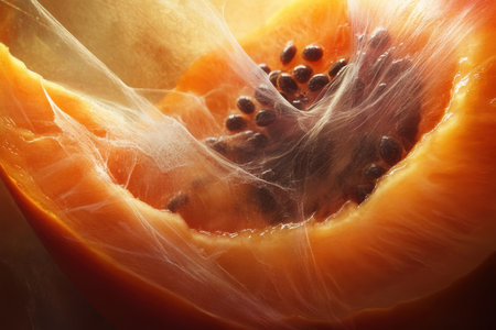 A detailed view of ripe papaya with bright orange flesh and dark seeds, illuminated by soft light.の素材