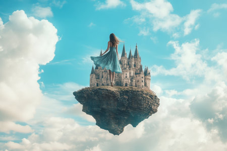 A woman stands on a rocky edge, gazing at a majestic floating castle surrounded by fluffy clouds.の素材