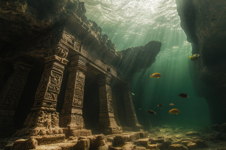 Beneath the serene surface, an ancient temple stands surrounded by colorful fish in clear water.の素材