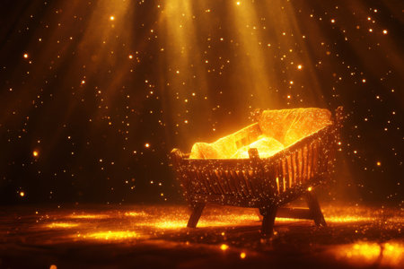 A beautifully crafted cradle shines under soft, glowing light, surrounded by sparkling dust in the air.の素材