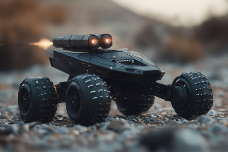 A robotic vehicle navigates rocky ground as the sun sets, showing its advanced design and capabilities.の素材