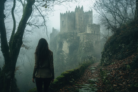 A woman walks along a winding path leading to a castle shrouded in mist, surrounded by bare trees and fallen leaves.の素材