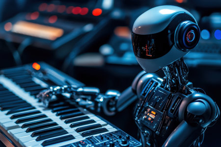 A robot with a polished design plays an electronic keyboard in a modern music studio during a tech-inspired session.の素材