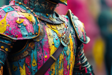 A warrior in strikingly painted armor stands ready amidst a lively festival, showcasing historic craftsmanship.の素材