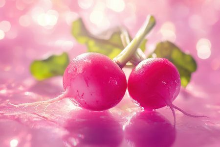 Two vibrant radishes rest side by side, glistening with water droplets against a soft pink background.の素材
