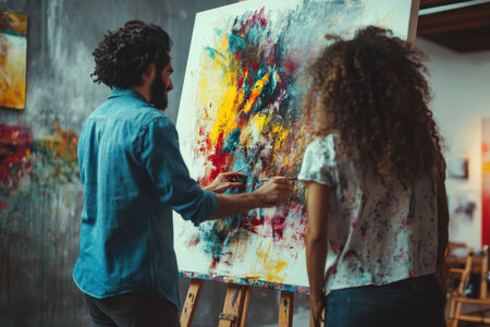 Two artists engage in a vibrant painting session, immersed in colors and creativity in a studio.の素材