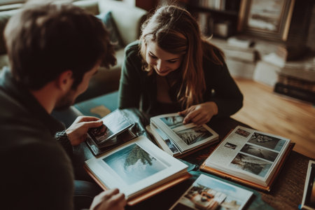Two people are enjoying time together, sharing memories while flipping through various photo albums inside their home.の素材