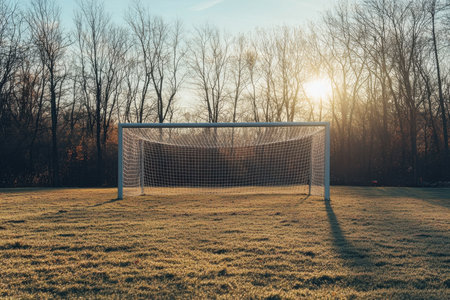 A soccer goal stands in a quiet field at sunrise, surrounded by bare trees and dewy grass.の素材
