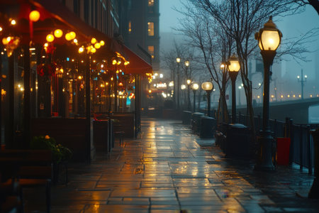 A riverside pathway glows with street lamps and decorative lights during a rainy evening, creating a cozy atmosphere.の素材
