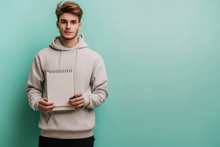 A young male artist stands confidently, holding a blank sketchbook and looking directly at the viewer.の素材