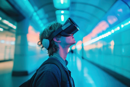 A young individual immerses himself in virtual reality, standing in a brightly lit urban tunnel.の素材