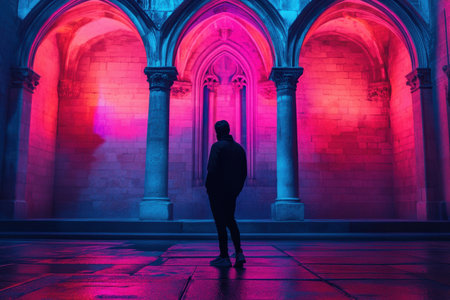 A person stands silhouetted against vibrant colored lights illuminating ancient stone architecture at night.の素材