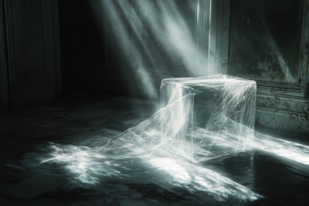 Soft rays of light break through darkness, highlighting a cube shrouded in delicate fabric in a vacant space.の素材