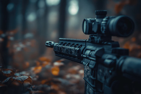 A tactical rifle rests in a foggy forest with fallen leaves, highlighting details of the weapon and surroundings.の素材