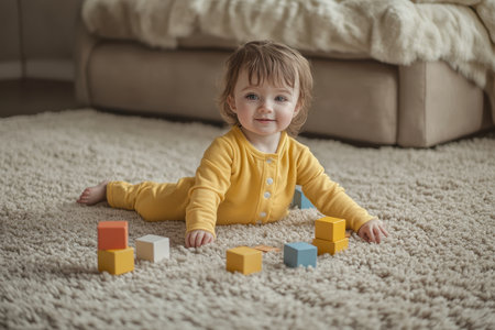 Toddler smiles while arranging wooden blocks on a plush carpet in a comfortable indoor setting.の素材