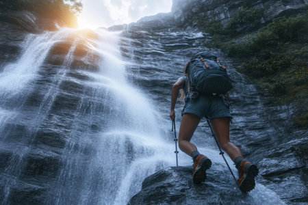 A hiker climbs steep rocks next to a waterfall, with sunlight glistening off the water and creating a beautiful backdrop.の素材