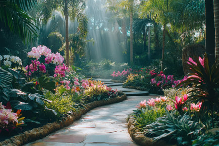 A tranquil pathway winds through a lush garden filled with colorful flowers and soft sunlight.の素材