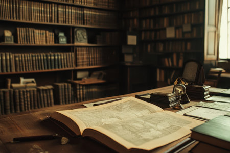 A cozy library features a large open book on the wooden table with antique decor and shelves filled with books.の素材