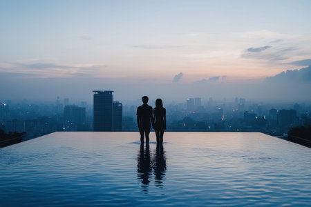 Two individuals stand together at dusk in an infinity pool overlooking a vibrant cityscape bathed in twilight.の素材