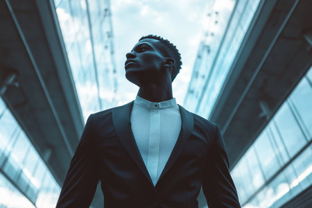 A well-dressed man stands tall in a sleek suit, gazing upwards in an urban environment.の素材