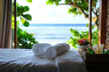 Two rolled towels rest on a treatment table overlooking a serene ocean and lush greenery.の素材