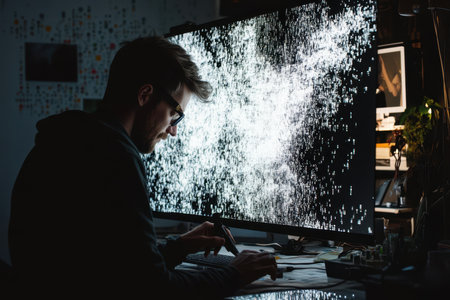 A focused artist utilizes a digital tablet to design intricate visual patterns on a large screen at night.の素材