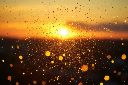 A vibrant sunset casts a golden hue over the horizon, while sparkles float gracefully in the air.の素材