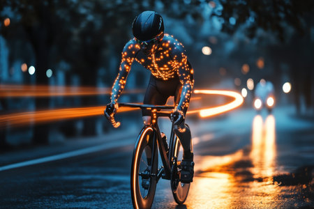 A cyclist illuminated with glowing lights pedals swiftly along a wet urban road under night skies.の素材