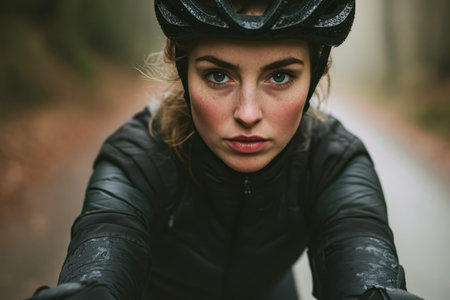 A determined cyclist in a dark jacket rides through a misty forest path, surrounded by vibrant autumn leaves.の素材