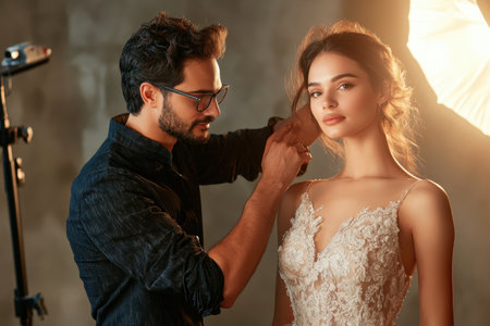 A stylist adjusts the hair of a model wearing a delicate bridal gown during a photoshoot.の素材