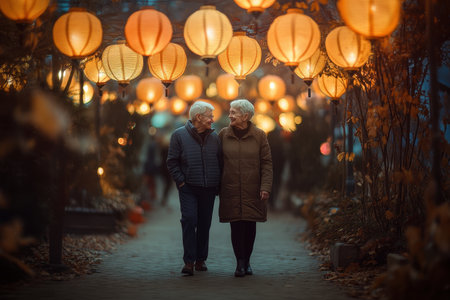 Two elderly individuals stroll together beneath warm lantern light, enjoying a peaceful autumn evening.の素材