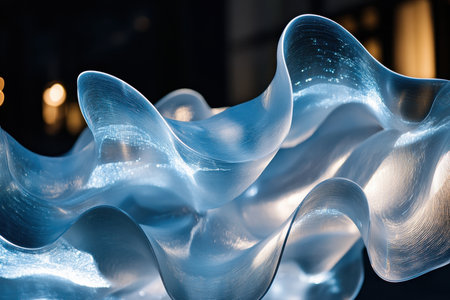 Sinuous glass artwork glows softly with light, showing intricate curves and textures in a city environment.の素材