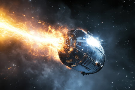A capsule soars through space, flames blazing from its thrusters, highlighting advanced technology.の素材