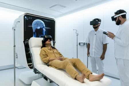 A person lies on a treatment bed wearing a VR headset while two attendants facilitate the session.の素材